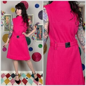 Vintage 1970s Hot Pink Sleeveless A-Line Belted Mod Knit Dress